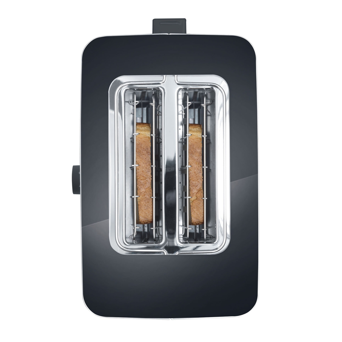 Schwarzer Toaster mit zwei Toastscheiben, Nahaufnahme, isoliert auf Weiß