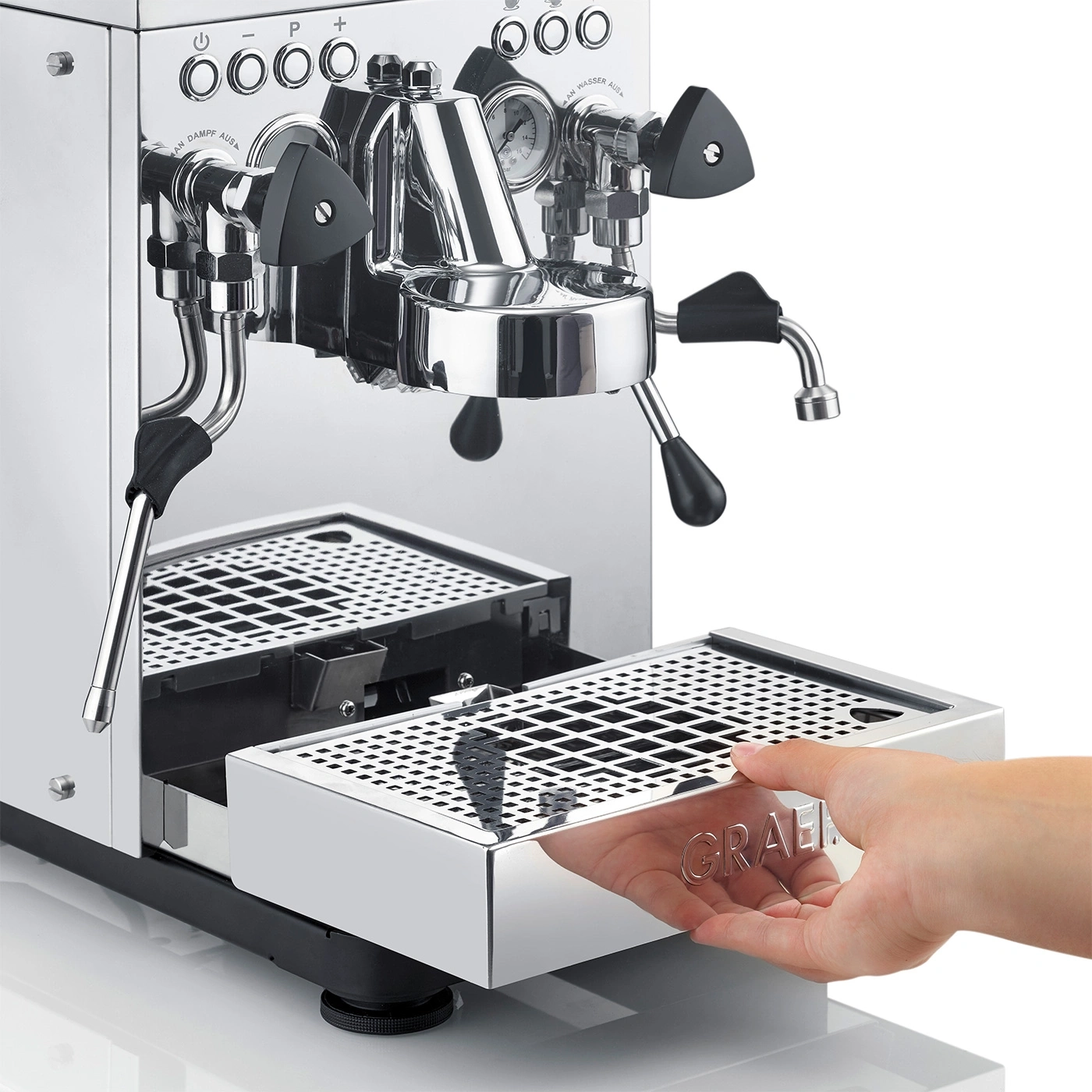 Shiny chrome espresso machine, drawer, hand pulling out, GRAEF logo, buttons, gauges.