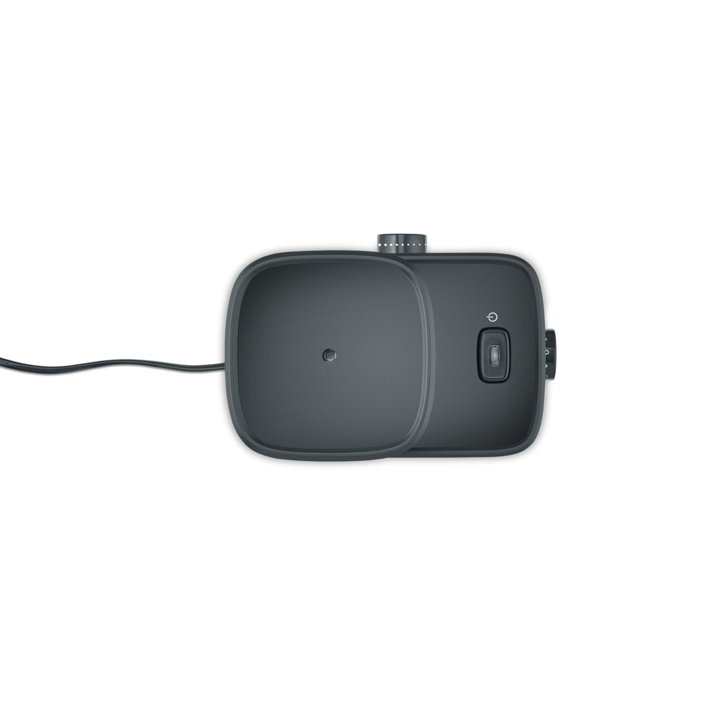 Dunkelgraues Gerät mit Knöpfen und Kabel auf weißem Hintergrund.