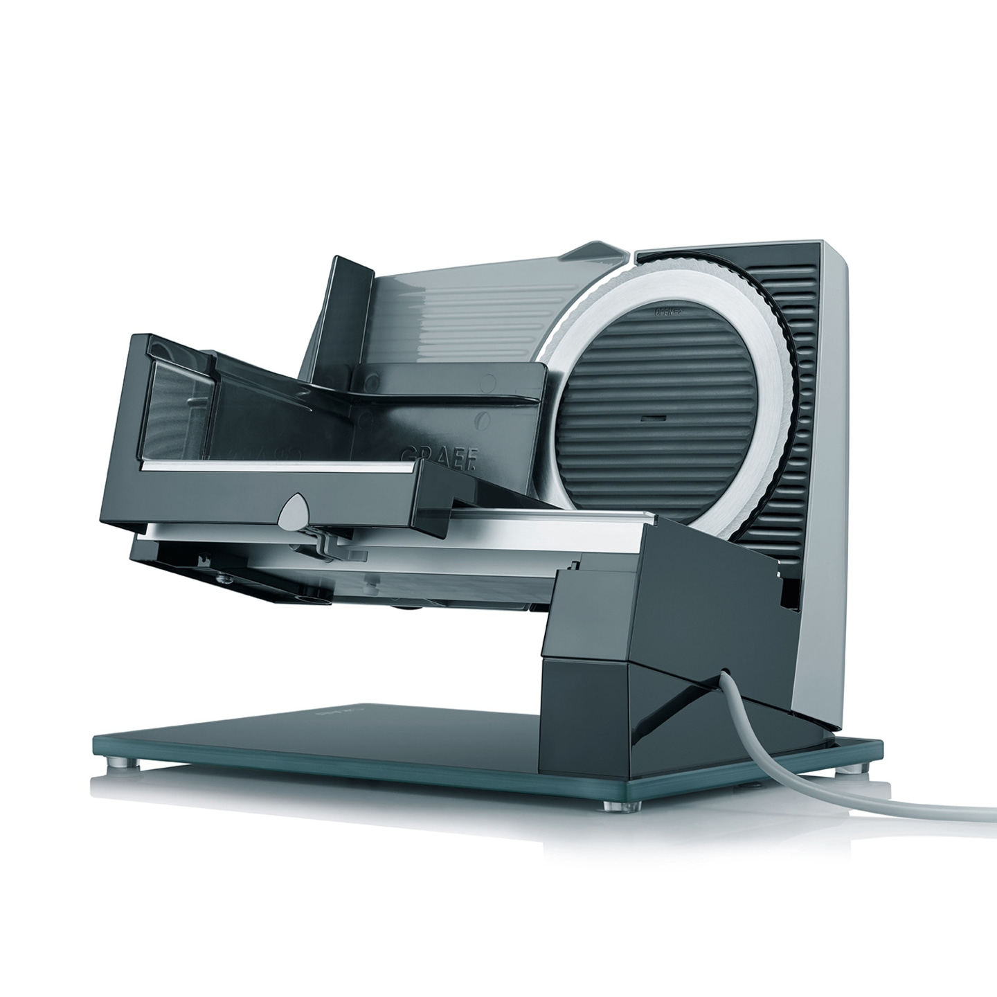 Graef Allesschneider, elektrisch, grau, mit Schneidmesser und Auffangbehälter