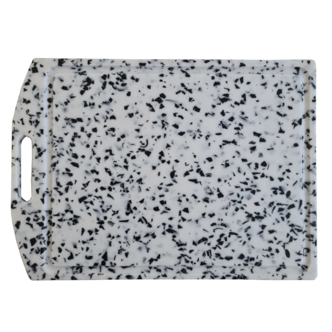 Cutting board with handle, white with black specks, rectangular