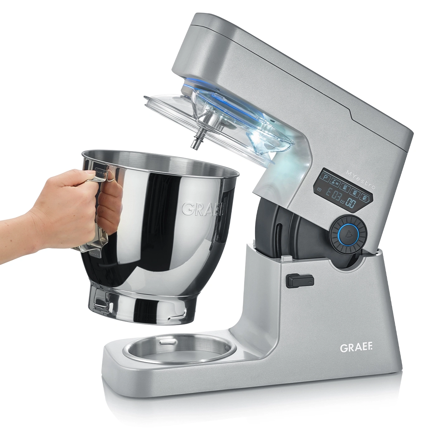 Graef Küchenmaschine mit Schüssel und Hand, die Schüssel hält