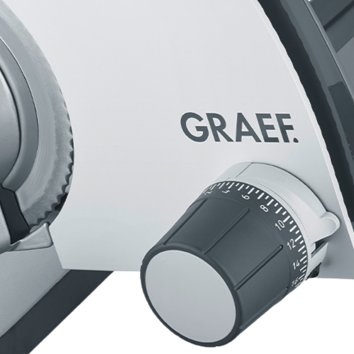 Graef-Schneidemaschine, Detailaufnahme, Drehknopf, Zahlen, grau, weiß, Nahaufnahme