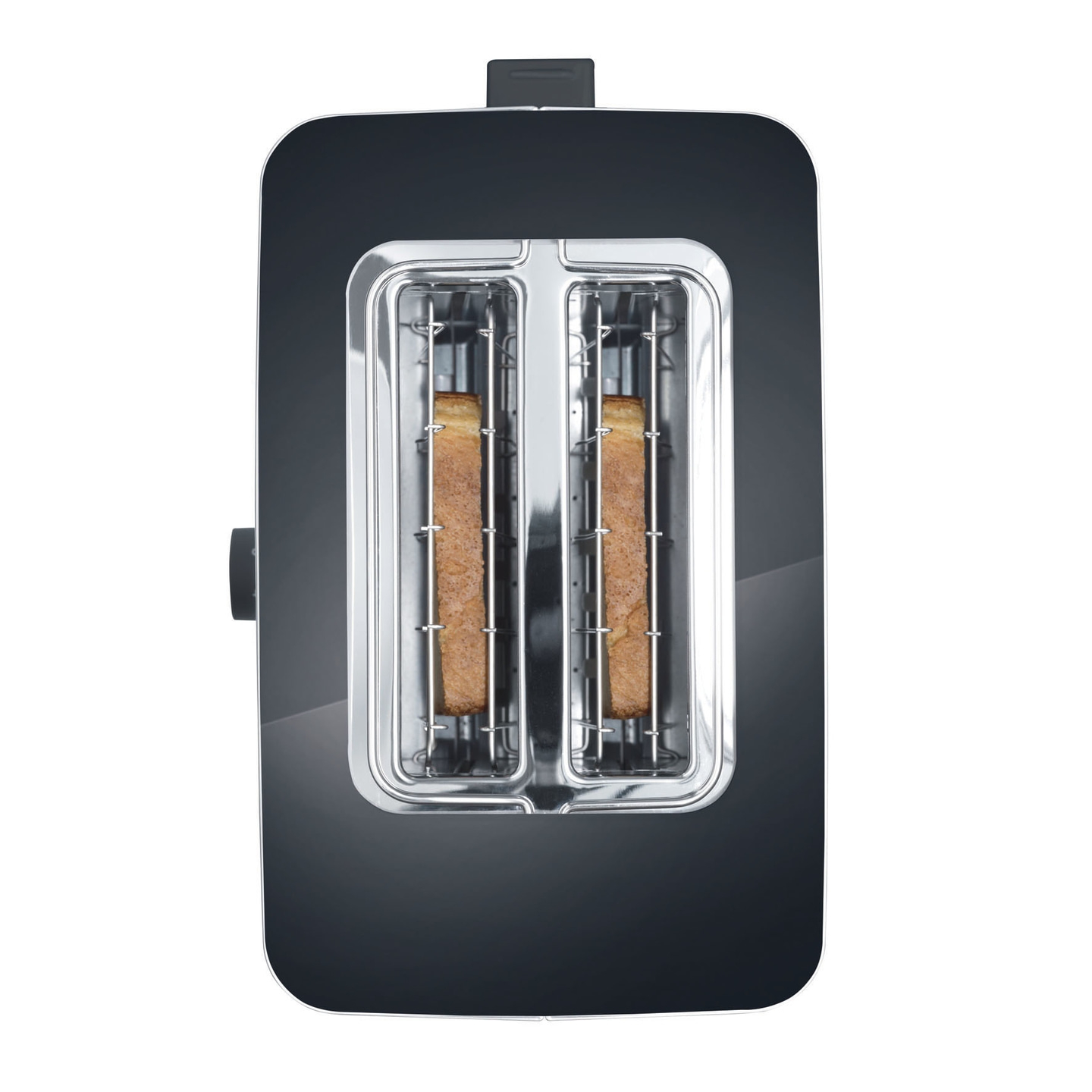 Schwarzer Toaster mit zwei Toastscheiben, die aus dem Toaster herausragen.