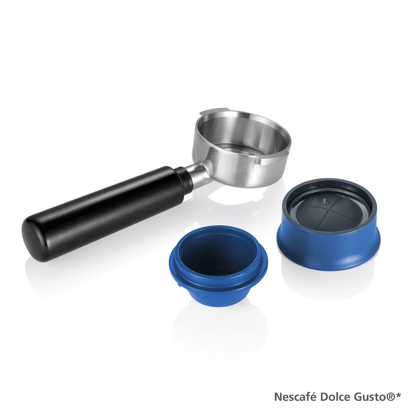 Coffee machine with accessories, blue and silver, on a white background.