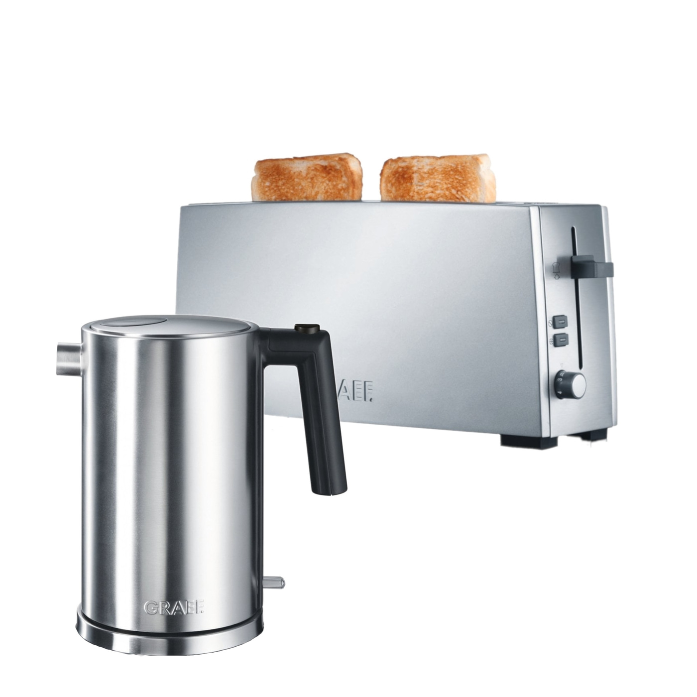 Stainless steel toaster and kettle with toasted bread