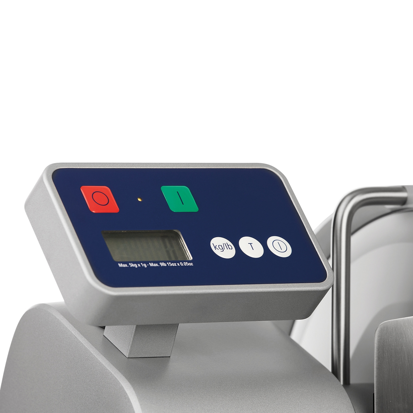 Waage mit Knöpfen und Anzeige, zeigt Gewicht in kg/lb an.