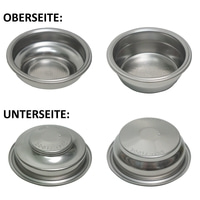 Espresso portafilter: top and bottom views, stainless steel, for coffee brewing.