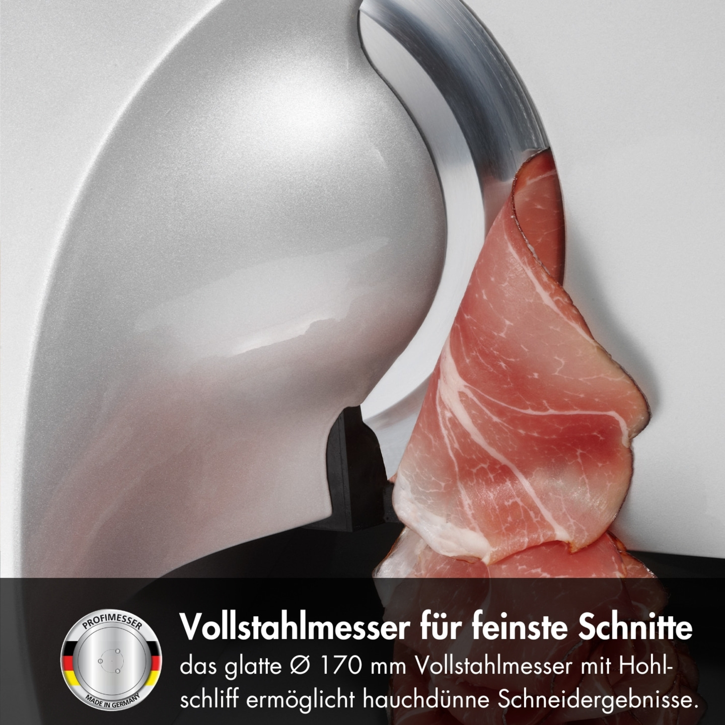 Meat slicer for fine cuts, stainless steel blade, thin slices, Made in Germany.