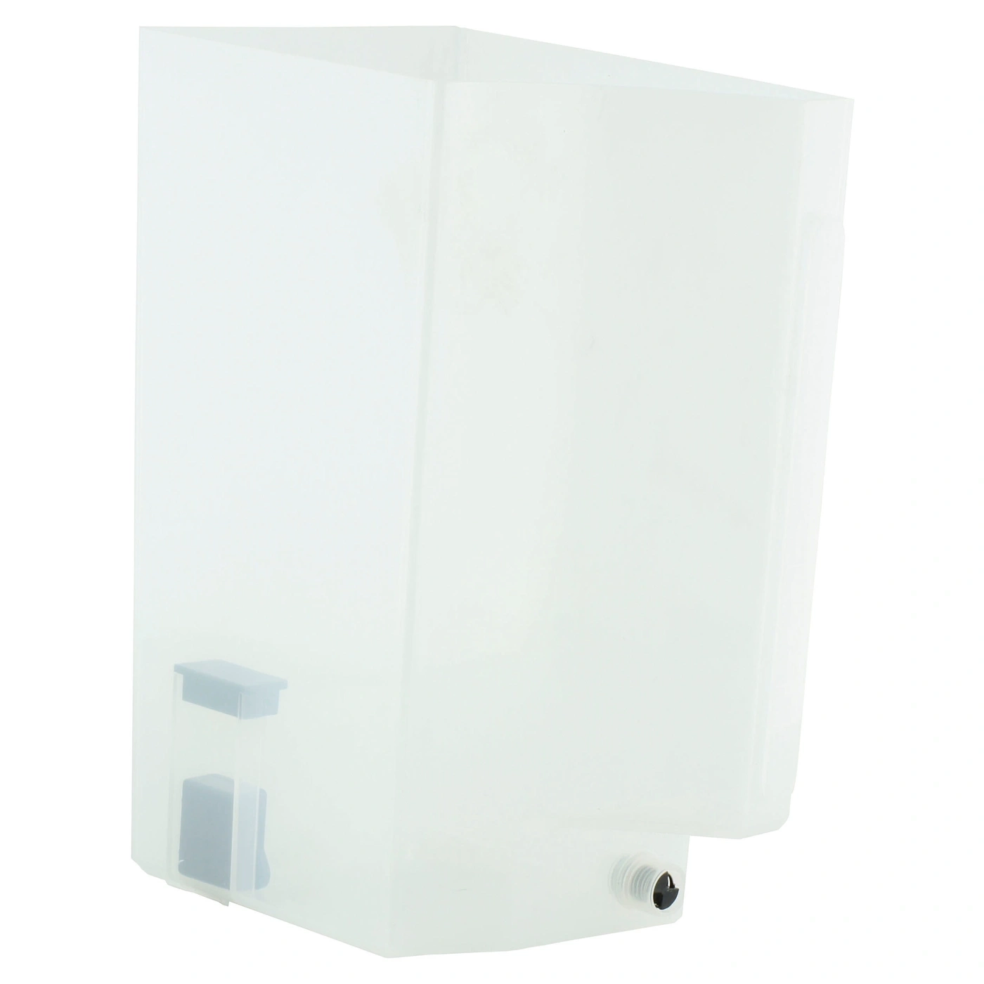 Transparent container with black outlet, isolated on white background.