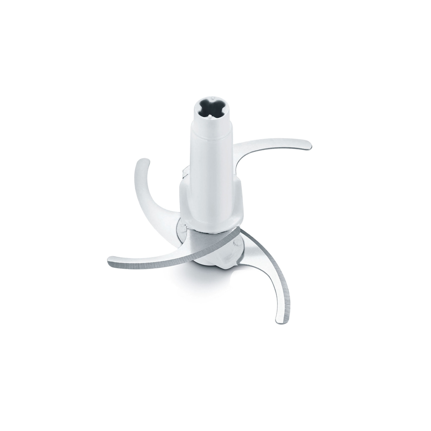 White kitchen appliance with sharp blades isolated on white background, close-up.