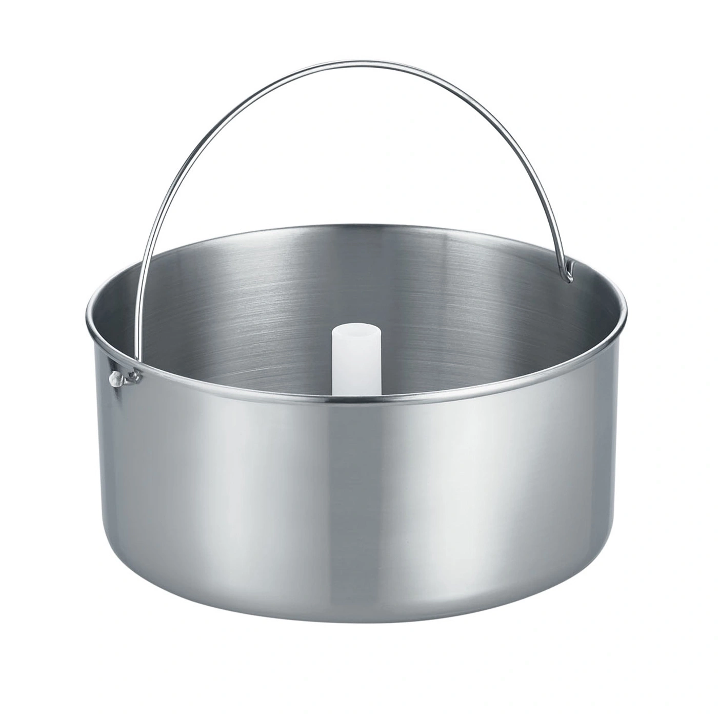 Metal baking pan with handle and center tube for cakes, isolated