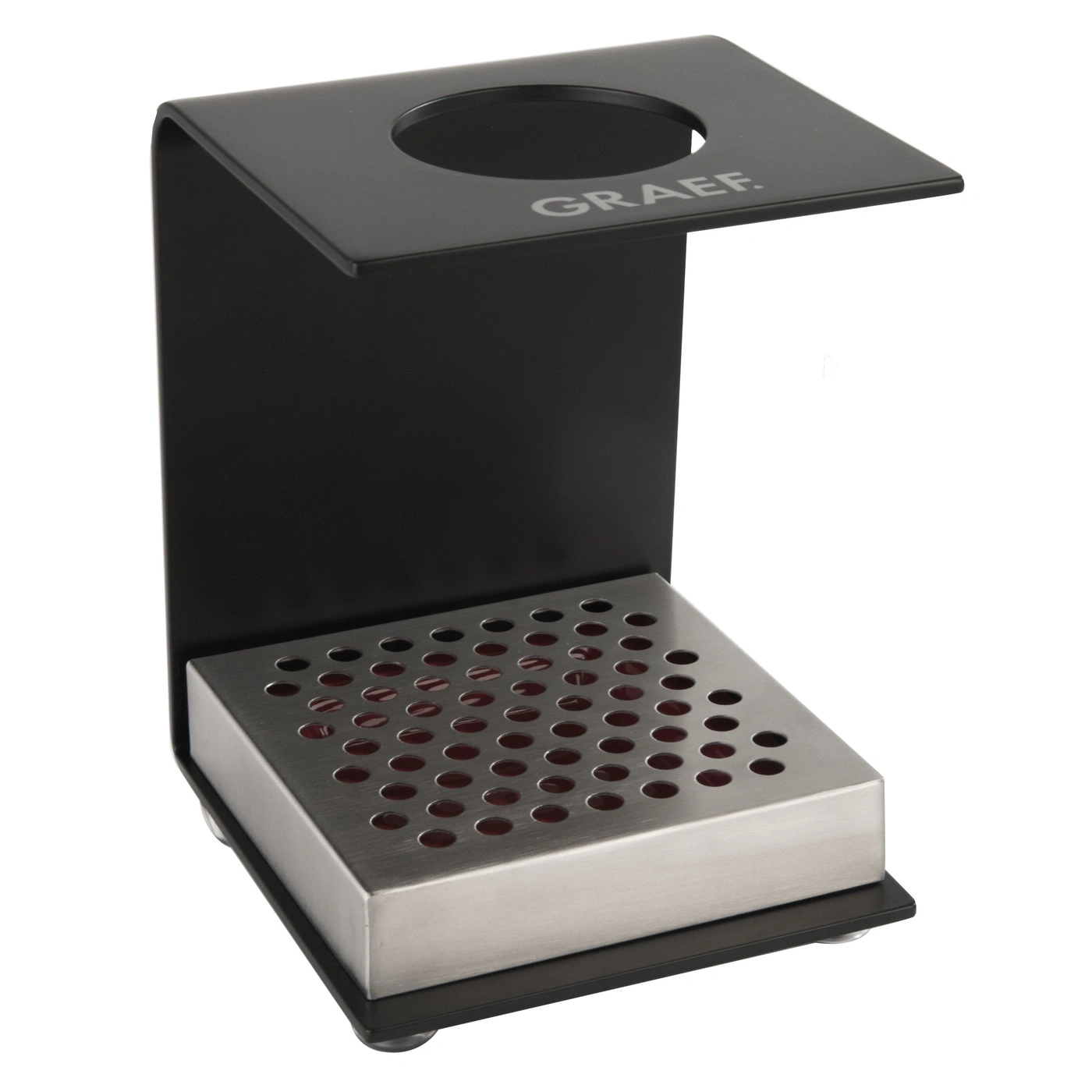 Black metal coffee filter holder with hole and GRAEF logo.