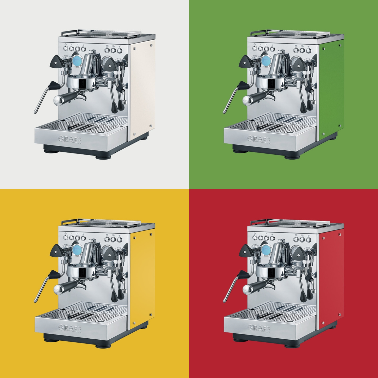 Kaffeemaschine in vier Farben: creme, grün, gelb und rot auf farbigen Hintergründen.