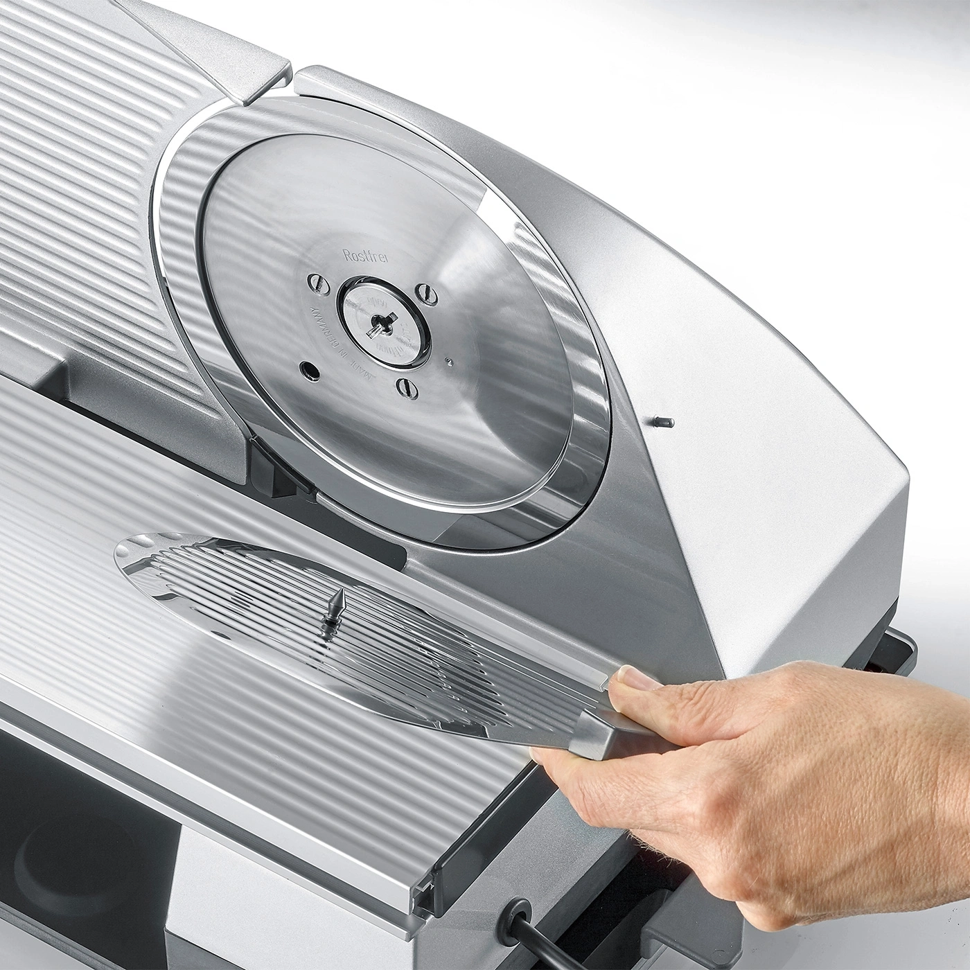 Meat slicer, close-up, knife, hand, stainless steel, kitchen, appliance, cutting, food, metal