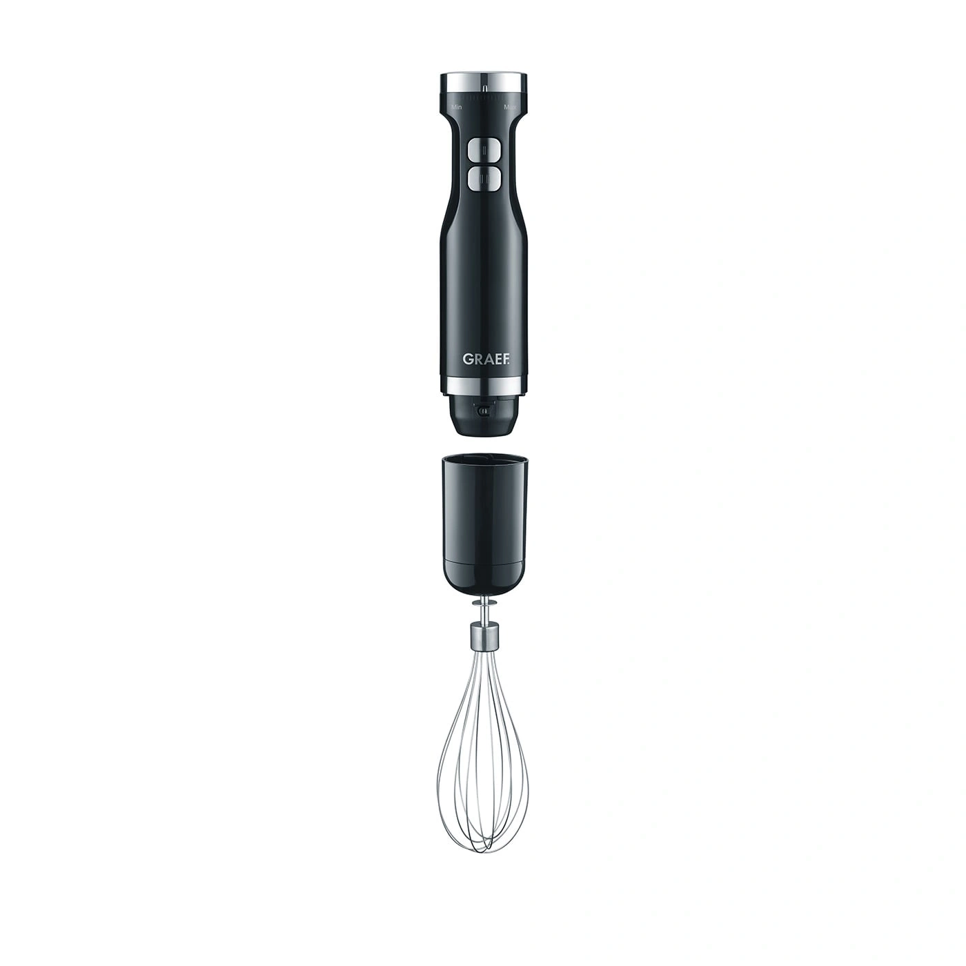 Black immersion blender with whisk attachment, GRAEF brand, detachable, kitchen appliance.