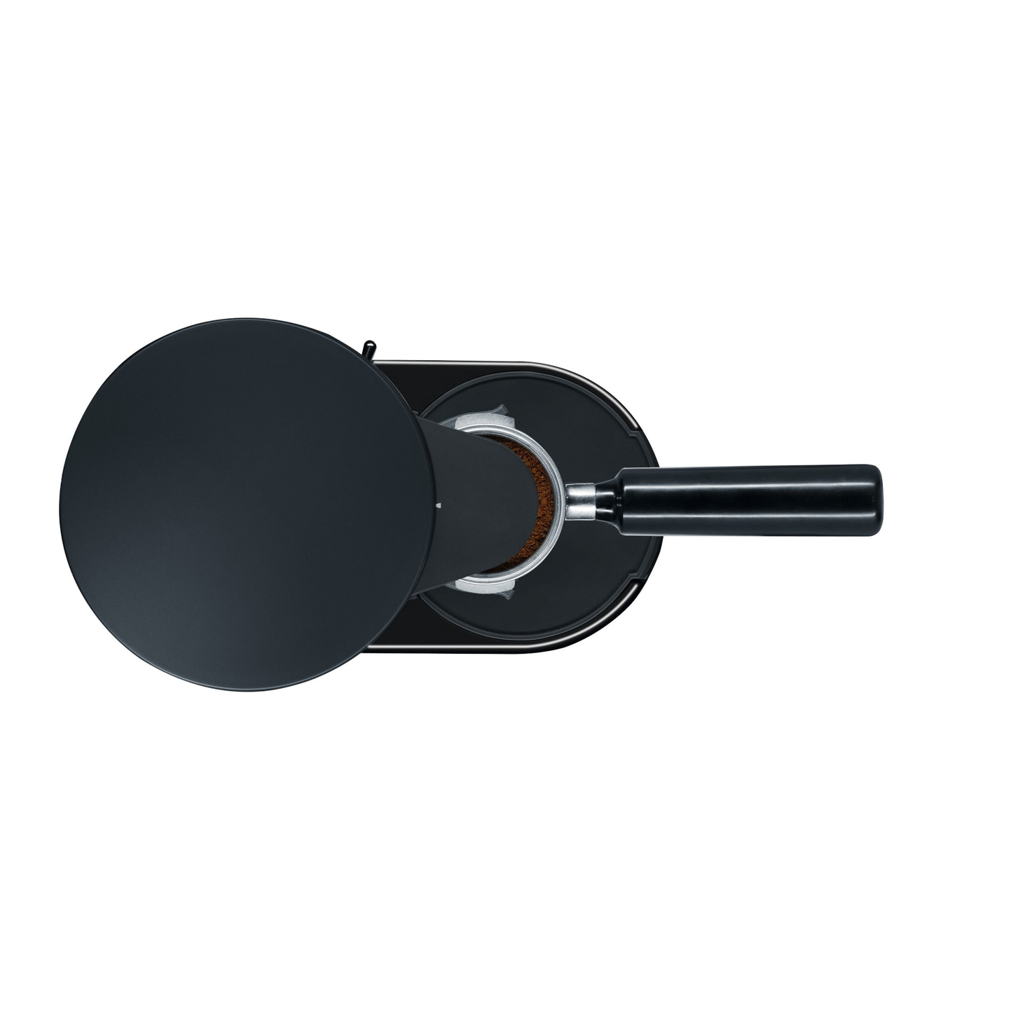 Kaffeemaschine mit Siebträger und Deckel, Draufsicht, schwarz, isoliert