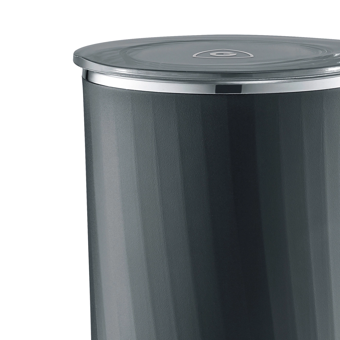Close-up of a gray trash can with lid and silver trim, detailed shot