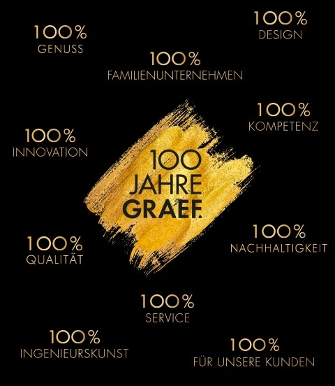 Goldenes Logo mit Text: 100 Jahre Graef, Qualität, Innovation, Design, Service