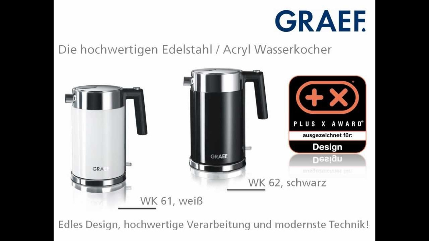 Wasserkocher von Graef, Edelstahl und Acryl, ausgezeichnetes Design, schwarz und weiß.