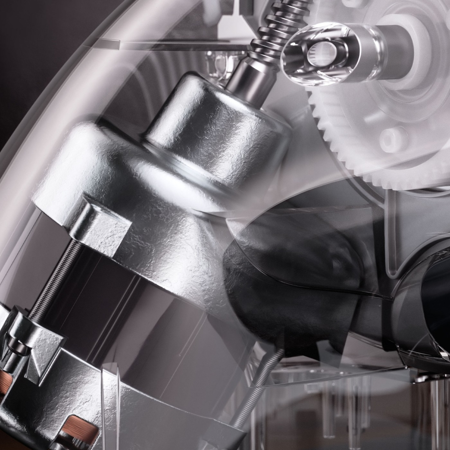 Detailaufnahme eines transparenten mechanischen Geräts mit Zahnrädern und Metallteilen