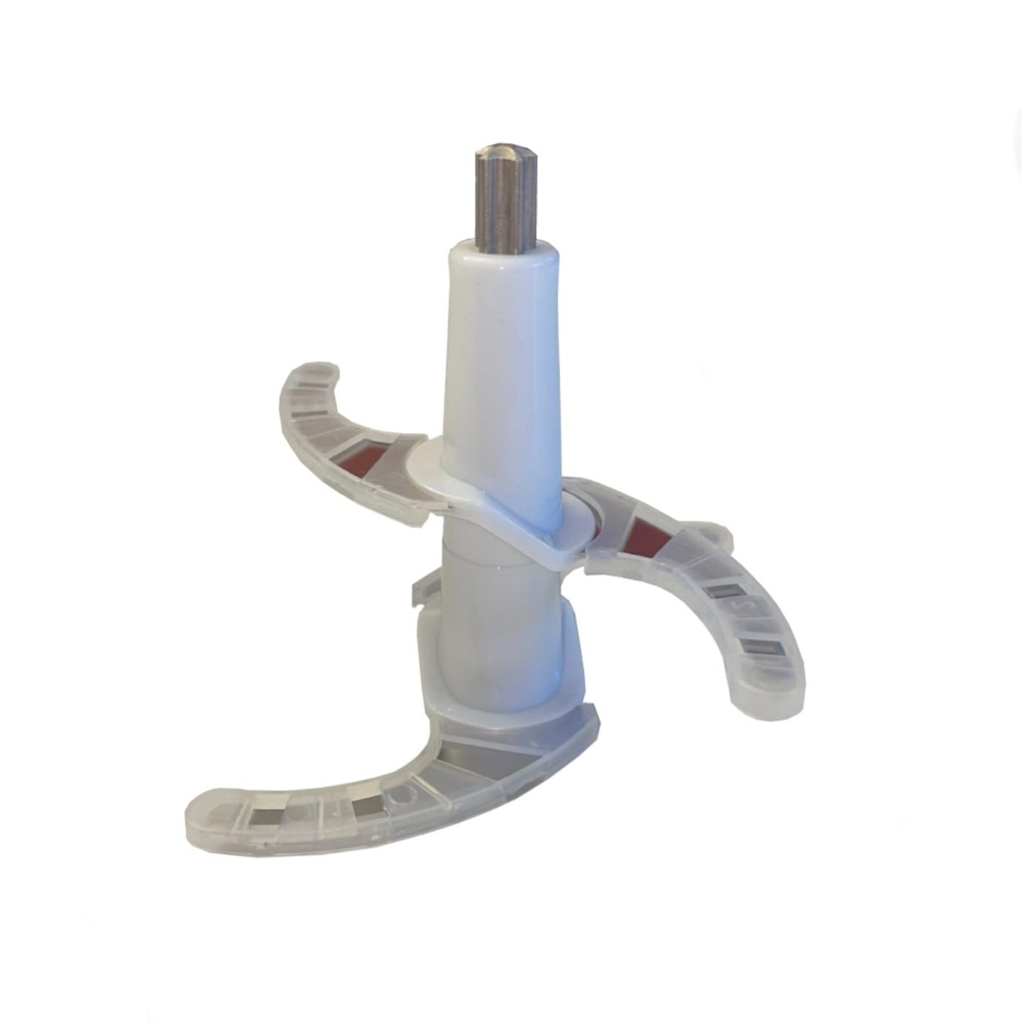 Zerkleinerer-Messer, weißes Plastik, Klingen, Küchengerät, isoliert, weißer Hintergrund.