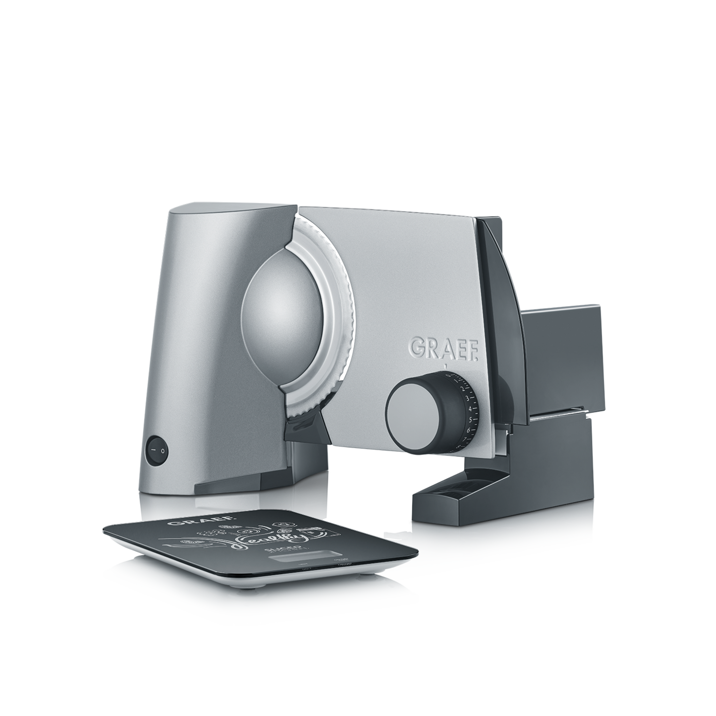 Graef Allesschneider mit digitaler Waage, silberfarben, auf weißem Hintergrund