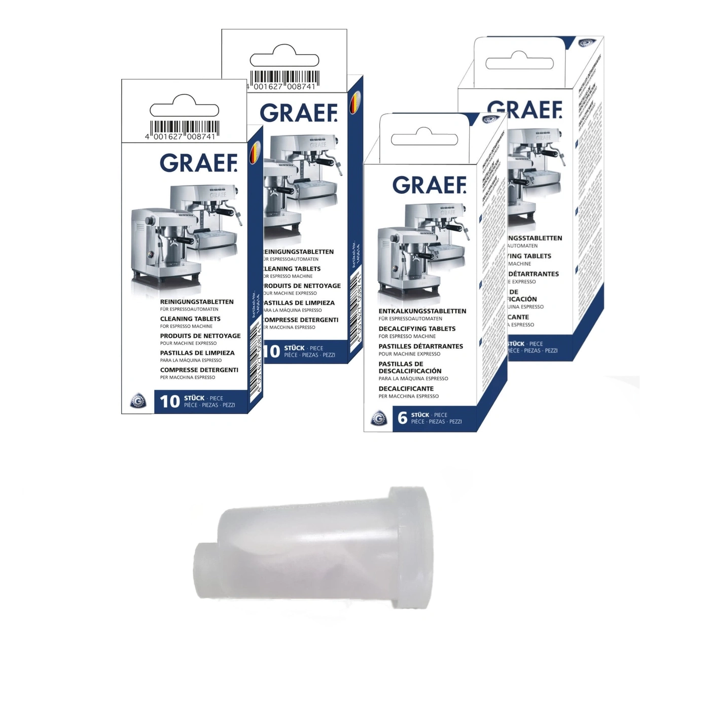 Cleaning and descaling tablets for espresso machines by Graef, 10 and 6 pieces