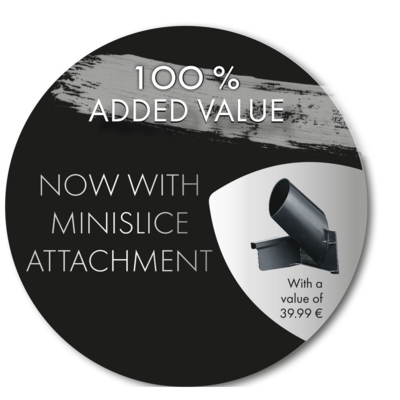 Circular promotional banner with text and product image, 100% added value, Minislice attachment, 39.99€