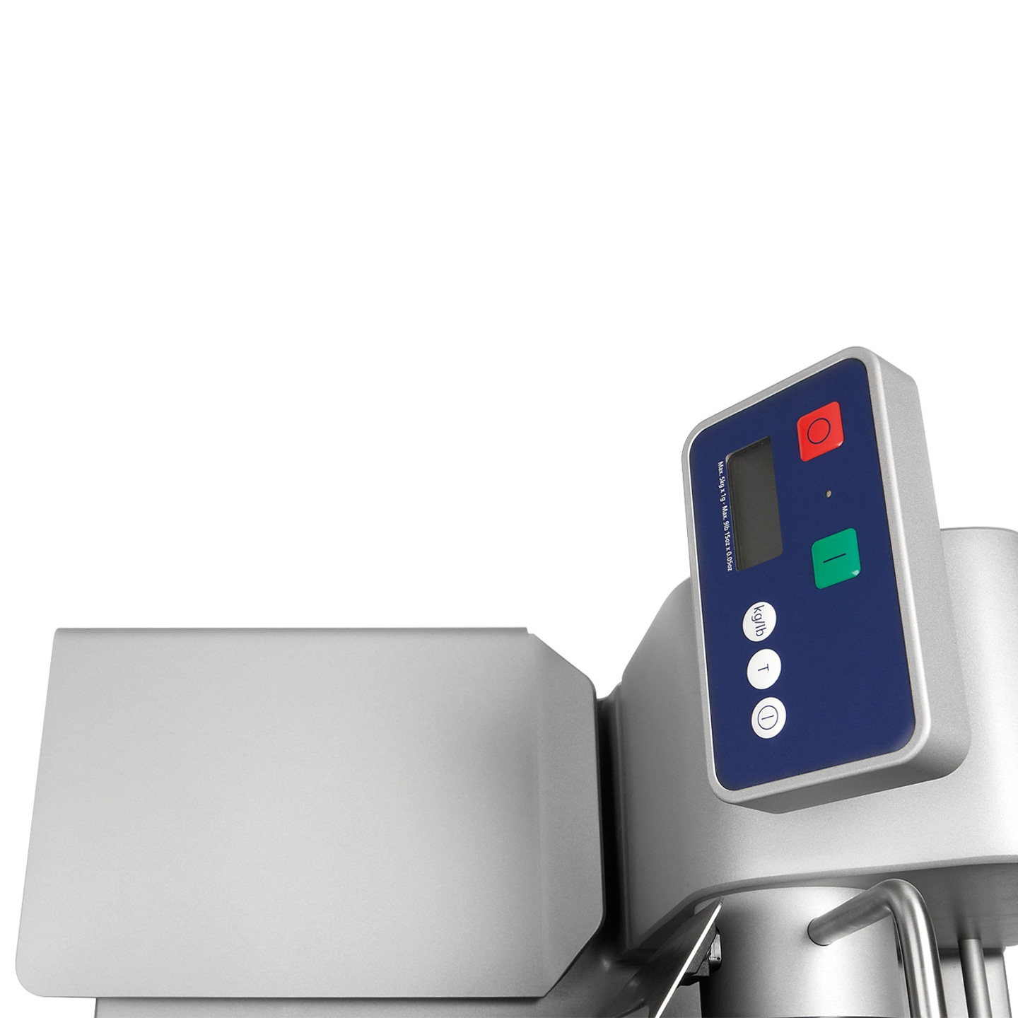 Waage mit Anzeige, Knöpfen und Text. Gewicht in kg/lb, T, Max. 5kg x 19 - Max. 9lb 15oz x 0.05oz.