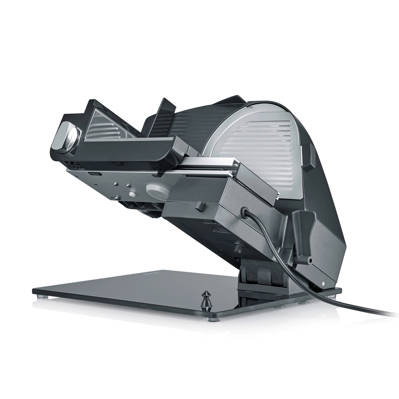 Electric slicer, gray, angled, with glass plate and cable, kitchen appliance