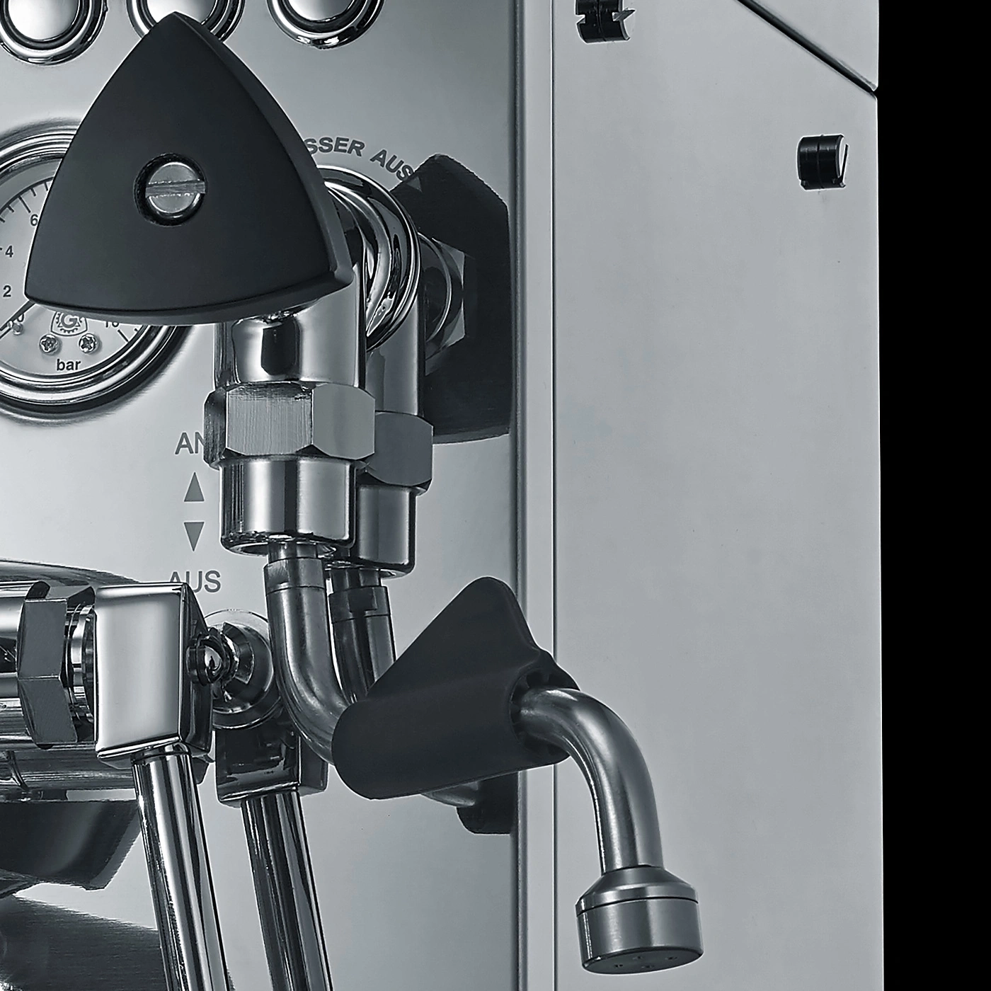 Espresso machine, chrome, steam valve, pressure gauge, triangle, metal, coffee making, detail shot, close-up