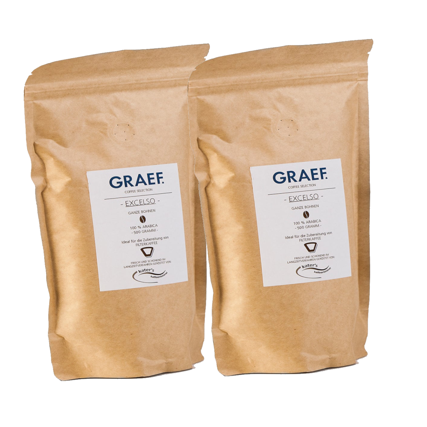 Zwei Kaffeepackungen mit der Aufschrift GRAEF EXCELSO, 100% Arabica, 500 Gramm.