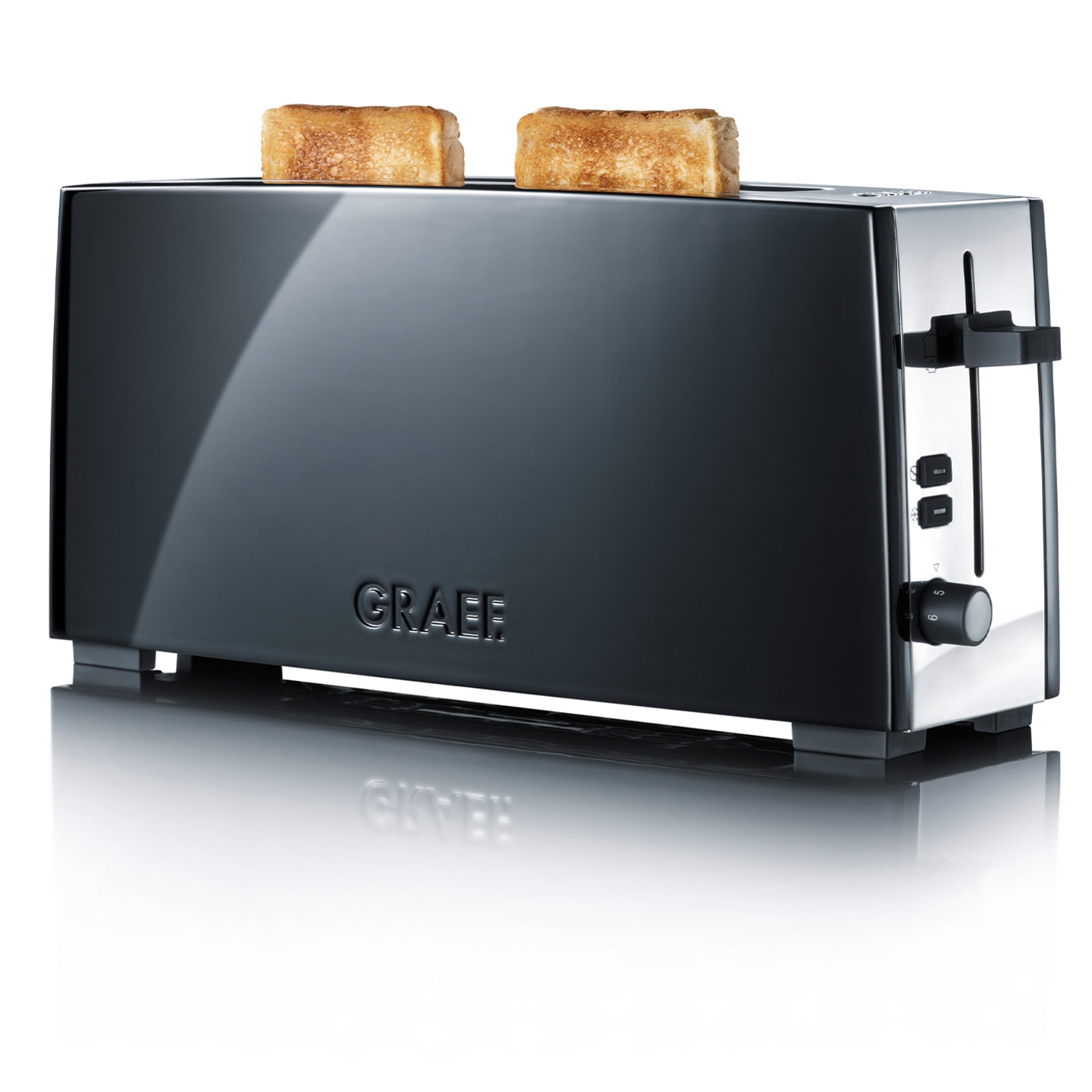 Schwarzer Toaster mit zwei Toastscheiben, Marke GRAEF, glänzend.