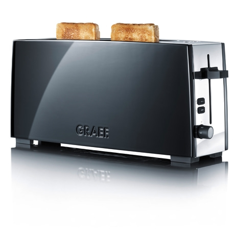 Schwarzer Toaster mit zwei Toastscheiben, Marke GRAEF, glänzend.
