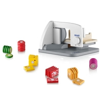 Spielzeug-Brotschneidemaschine mit Spielzeug-Lebensmitteln, Holzspielzeug, GRAEF-Logo