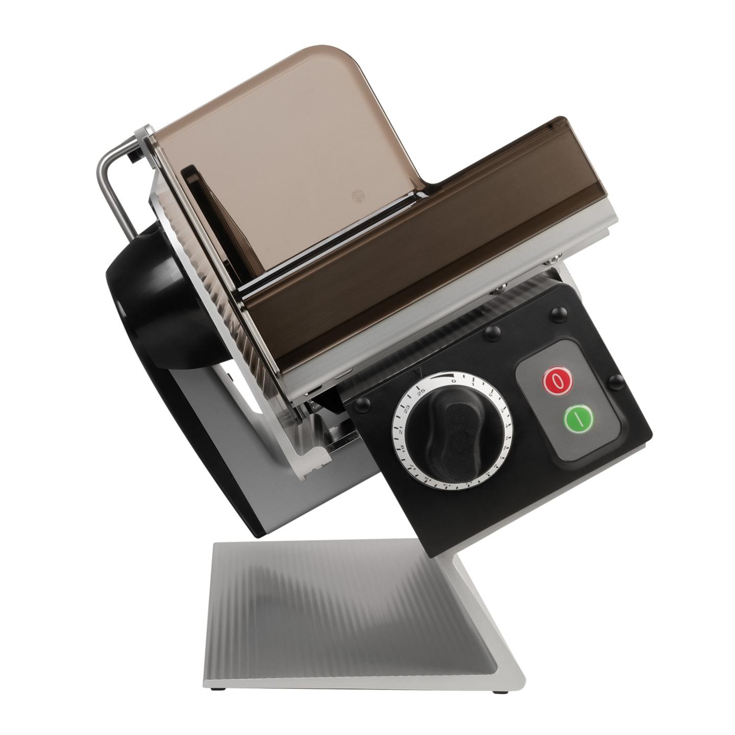 Elektrische Aufschnittmaschine, schwarz, silber, braun, mit Knöpfen und Drehregler