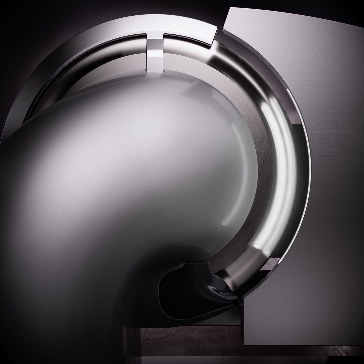 Abstrakte Metallstruktur mit glänzenden Oberflächen und eleganten Kurven, futuristisch.