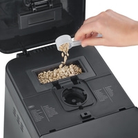 Bread maker with ingredients, hand, spoon, grains, menu, baking, kitchen, food