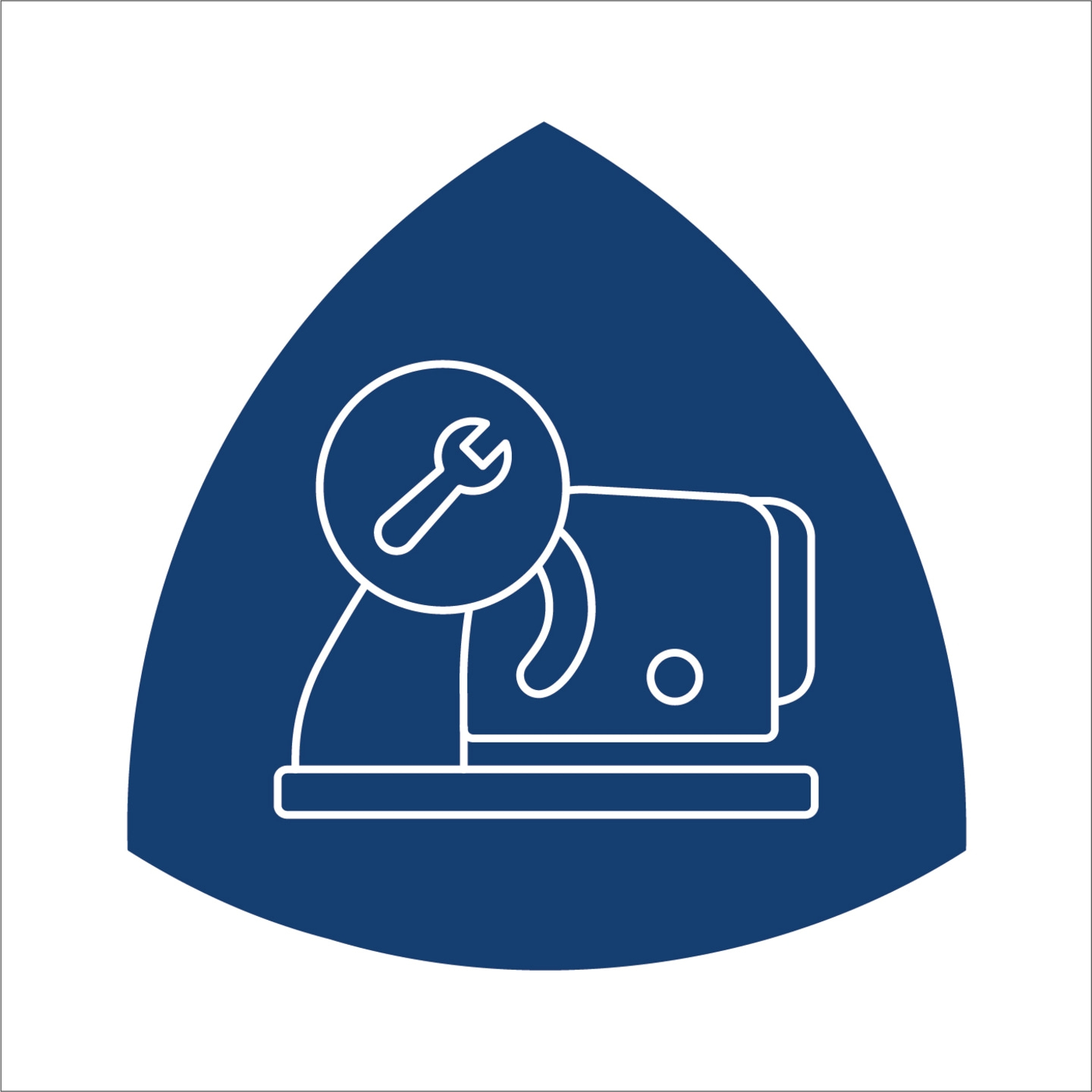 Reparatur-Symbol mit Schraubenschlüssel und Gerät in blauem Dreieck