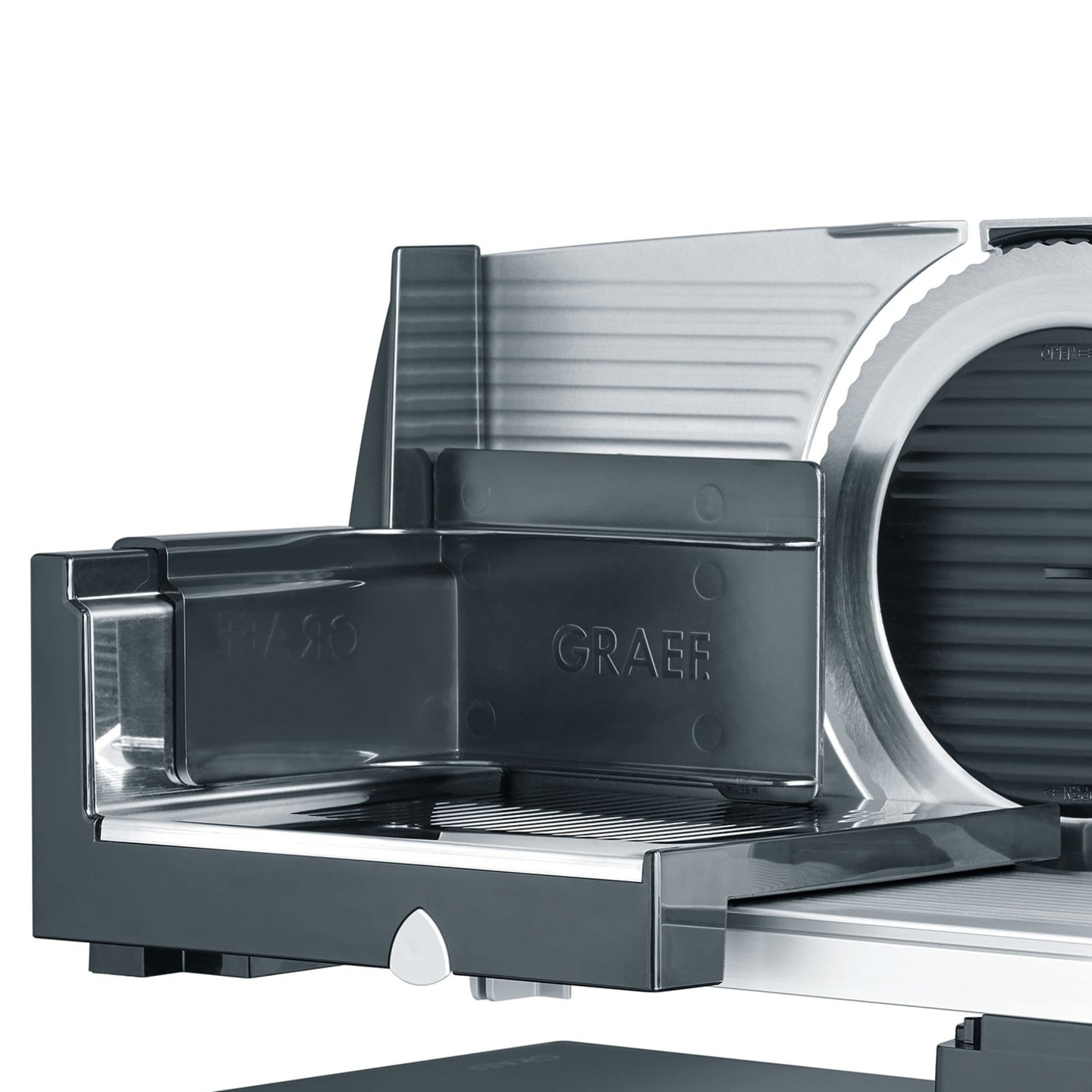 Graef-Allesschneider, Detailaufnahme, graue Farbe, Edelstahl, Küchengerät, Nahaufnahme