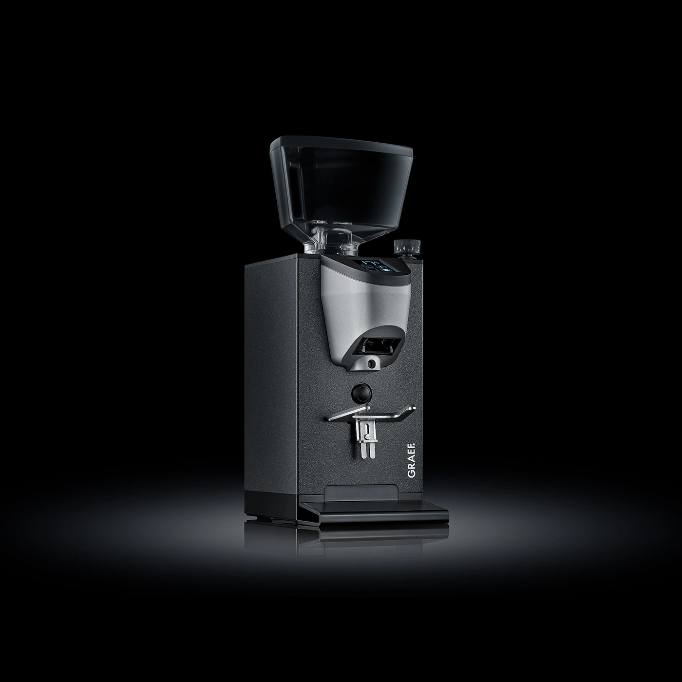 Black coffee grinder with bean container, Graef logo, modern design, studio shot