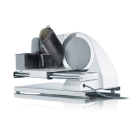 Electric food slicer, white, with gray accessories, isolated on white background