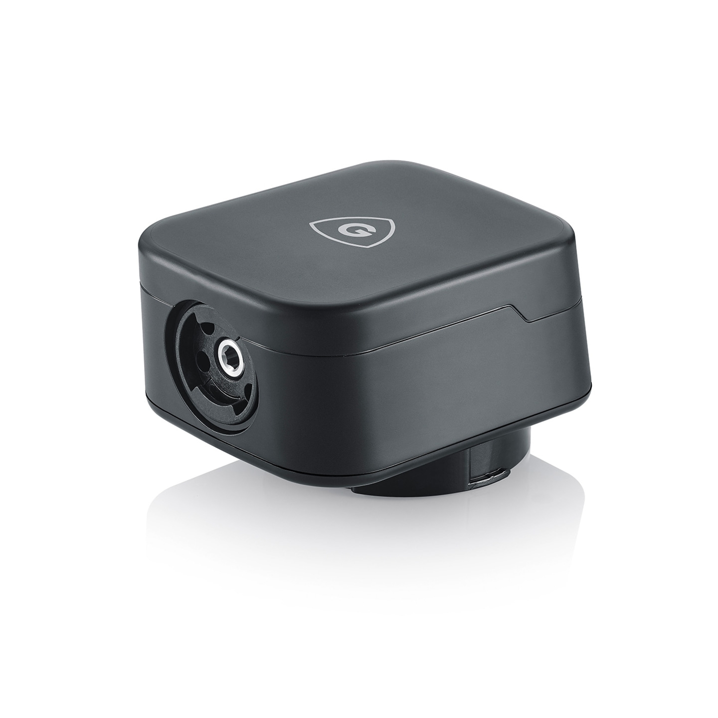 Schwarzes elektronisches Gerät mit einem Loch und einem Logo auf der Oberseite.