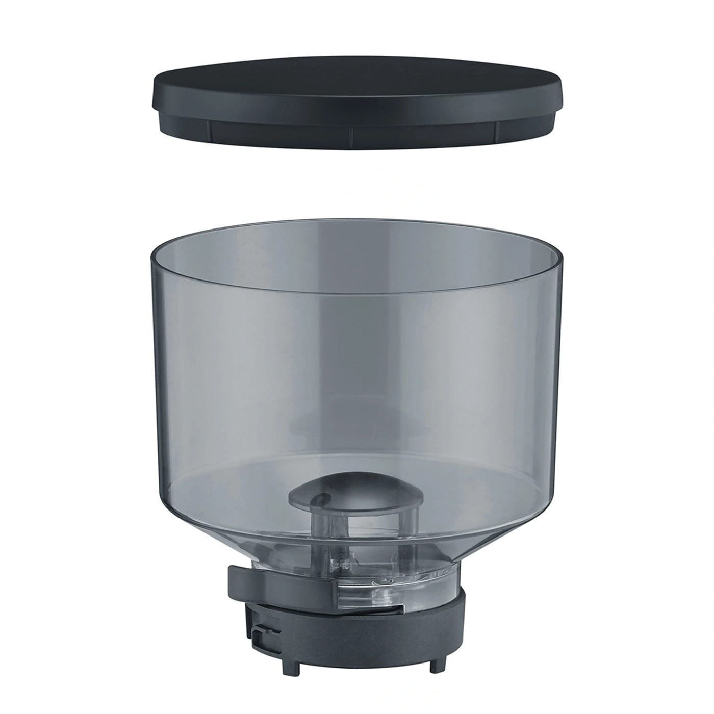 Coffee grinder with lid and transparent container, isolated on white background