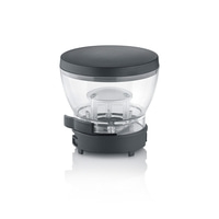 Transparenter Behälter mit Deckel und Halterung, isoliert auf weißem Hintergrund