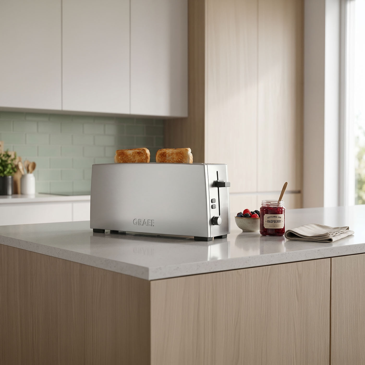 Ein Toaster mit Toast, Marmelade und Beeren auf einer Küchentheke.