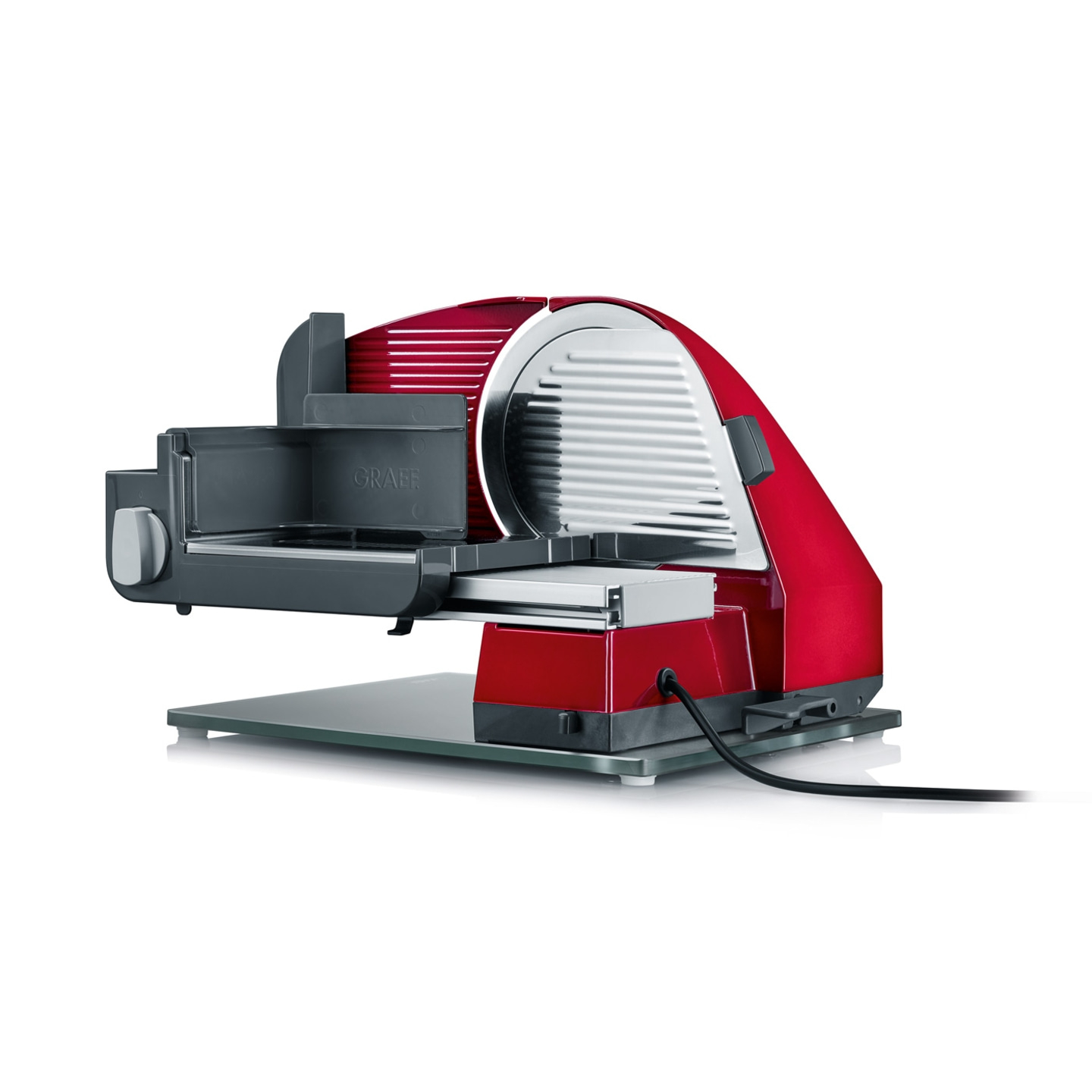 Rote elektrische Aufschnittmaschine, Graef-Marke, mit Glasplatte und Stromkabel.