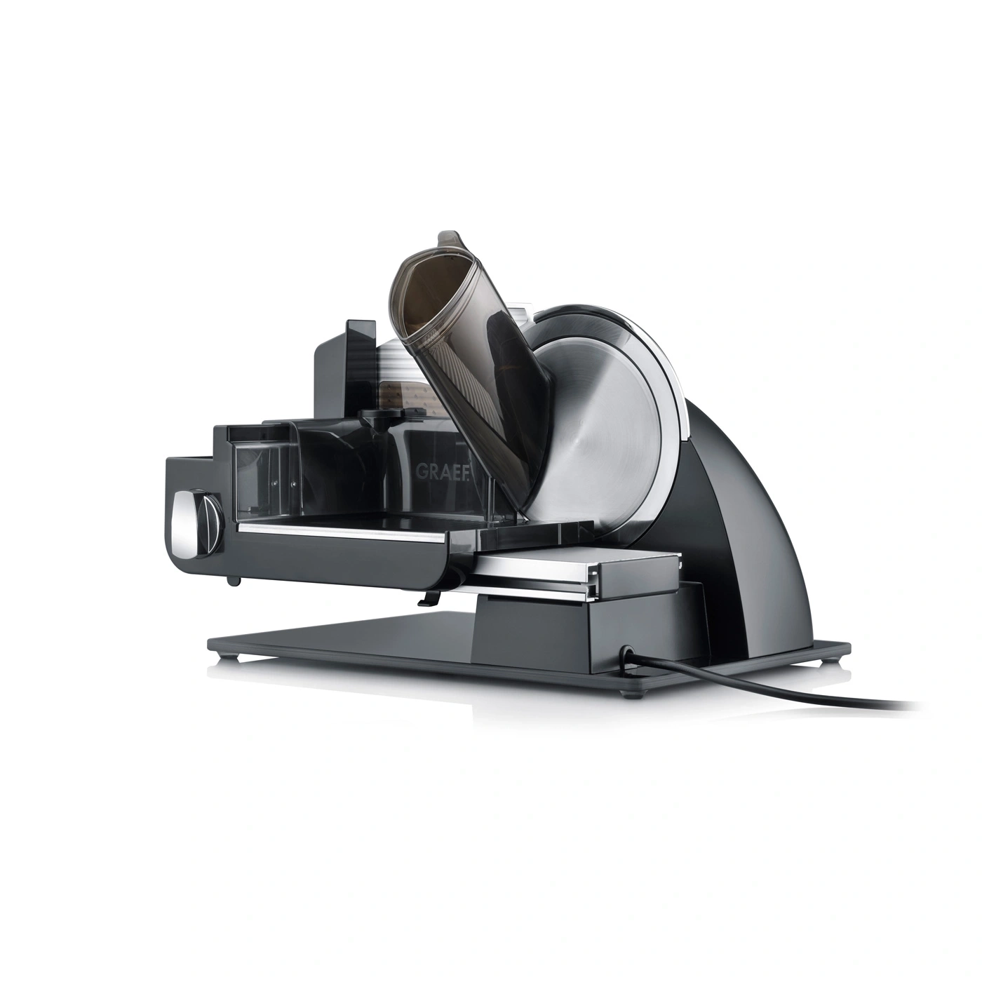 Black electric slicer with silver accents, featuring the brand name GRAEF, on a white background.