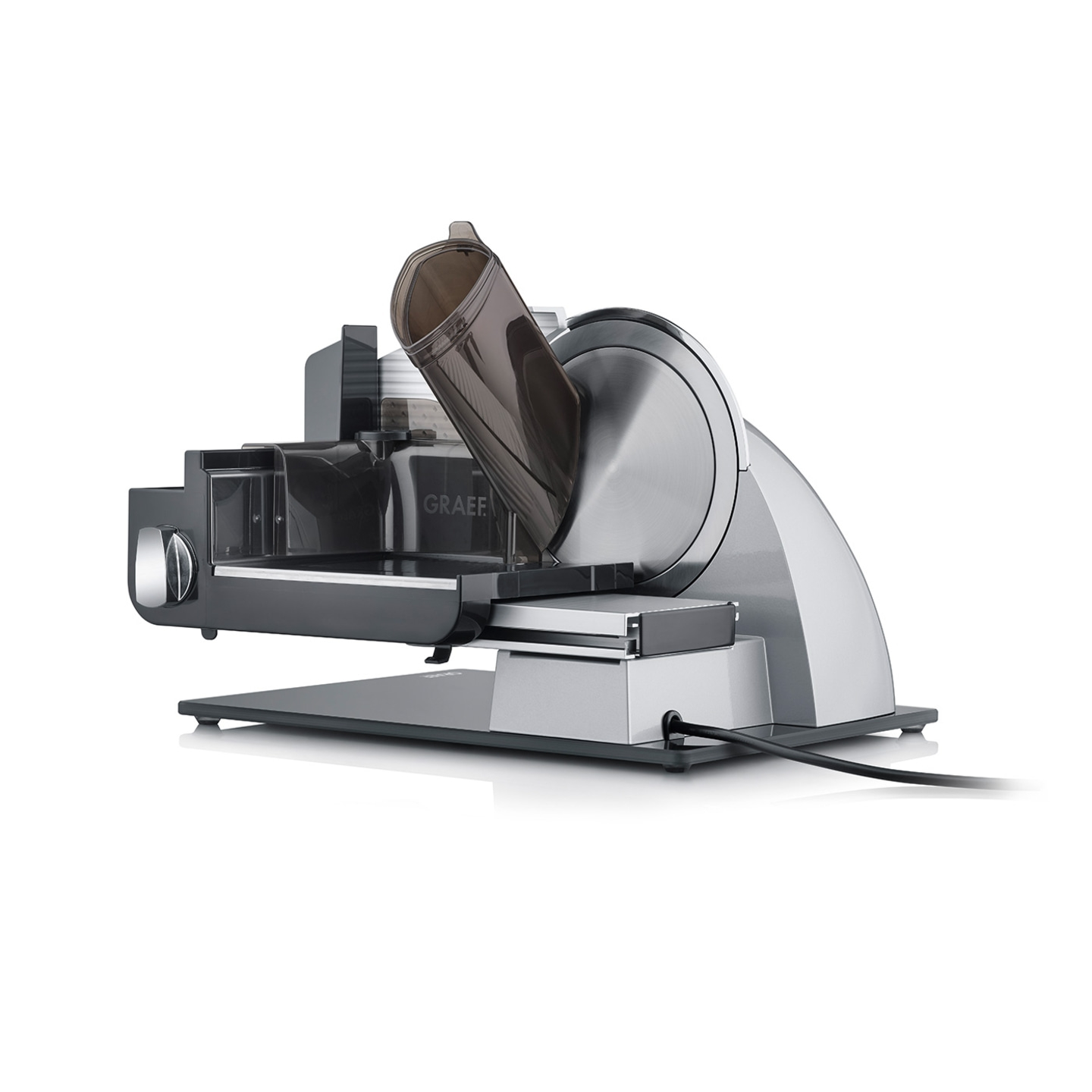 Graef Allesschneider, silberfarben, mit schwarzem Kunststoff, Stromkabel, Detailaufnahme